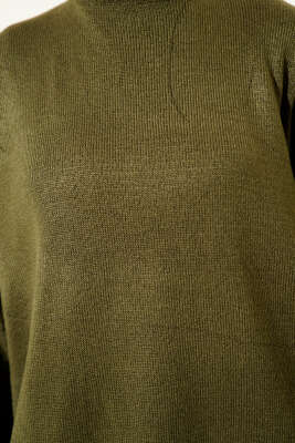 Oversize Düşük Omuz Triko Tunik Haki - Tunik