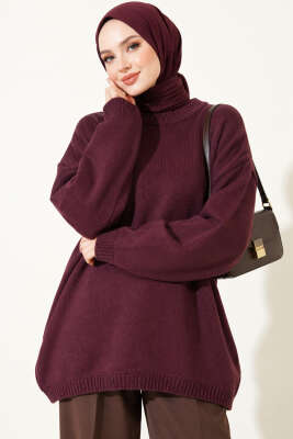 Oversize Düşük Omuz Triko Tunik Mürdüm - VANİZA TRİKO
