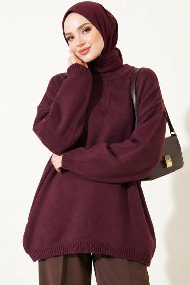 Oversize Düşük Omuz Triko Tunik Mürdüm - Triko Tunik