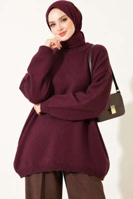 Oversize Düşük Omuz Triko Tunik Mürdüm - Triko Tunik