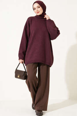 Oversize Düşük Omuz Triko Tunik Mürdüm - Triko Tunik