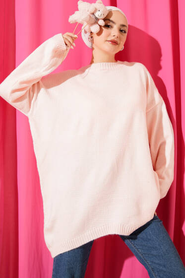 Oversize Düşük Omuz Triko Tunik Pudra - Tunik