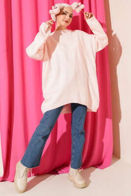 Oversize Düşük Omuz Triko Tunik Pudra - Tunik