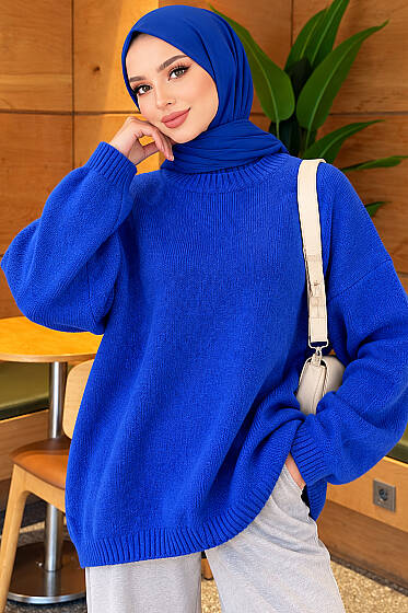 Oversize Düşük Omuz Triko Tunik Saks - Triko Tunik