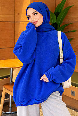 Oversize Düşük Omuz Triko Tunik Saks - Triko Tunik