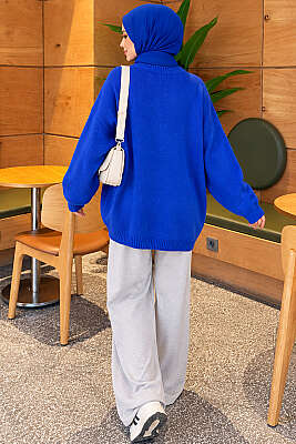 Oversize Düşük Omuz Triko Tunik Saks - Triko Tunik