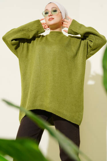 Oversize Düşük Omuz Triko Tunik Zeytin Yeşili - Tunik