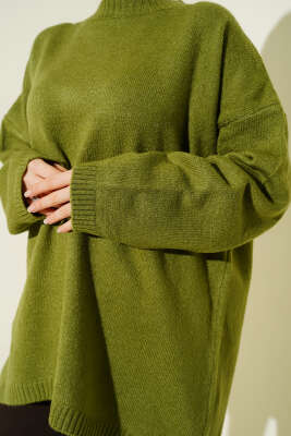 Oversize Düşük Omuz Triko Tunik Zeytin Yeşili - Tunik
