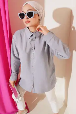 Oversize Ense Düğmeli Gömlek Gri 