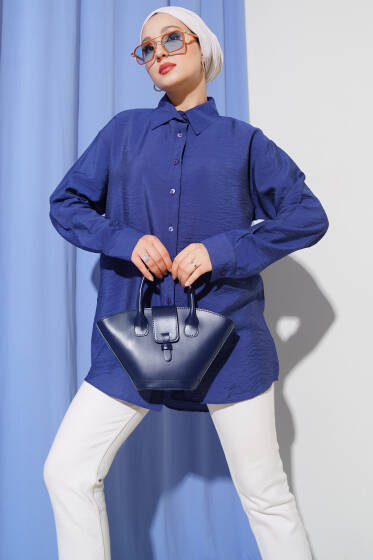 Oversize Ense Düğmeli Gömlek Lacivert - Gömlek