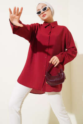Oversize Ense Düğmeli Gömlek Bordo - Gömlek