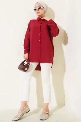 Oversize Ense Düğmeli Gömlek Bordo - Gömlek