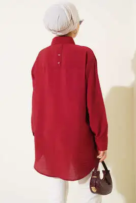 Oversize Ense Düğmeli Gömlek Bordo - Gömlek