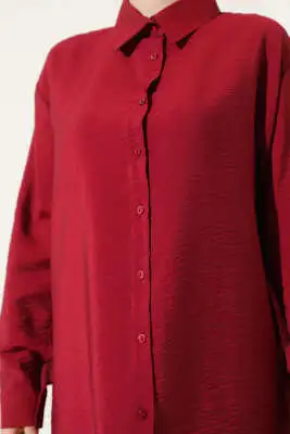 Oversize Ense Düğmeli Gömlek Bordo - Gömlek