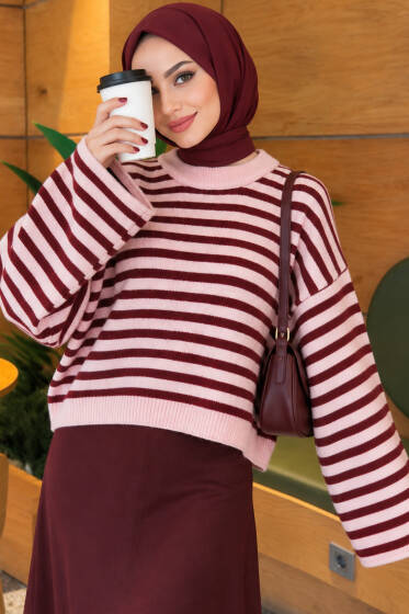 Oversize İnce Çizgili Triko Kazak Bordo - Triko Kazak