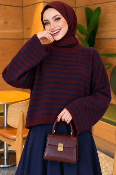 Oversize İnce Çizgili Triko Kazak Burgonya - Triko Kazak