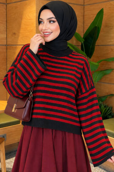Oversize İnce Çizgili Triko Kazak Füme - Triko Kazak