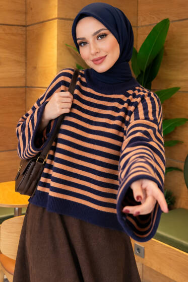 Oversize İnce Çizgili Triko Kazak Lacivert - Triko Kazak