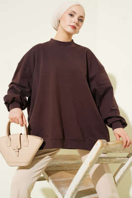 Oversize İnterlok Basic Tunik Kahve 