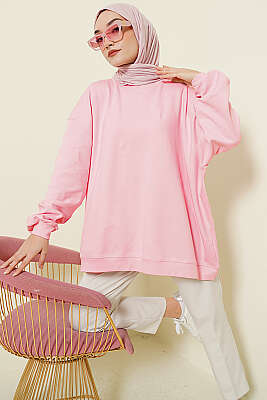 Oversize İnterlok Basic Tunik Pembe - DESTİNA