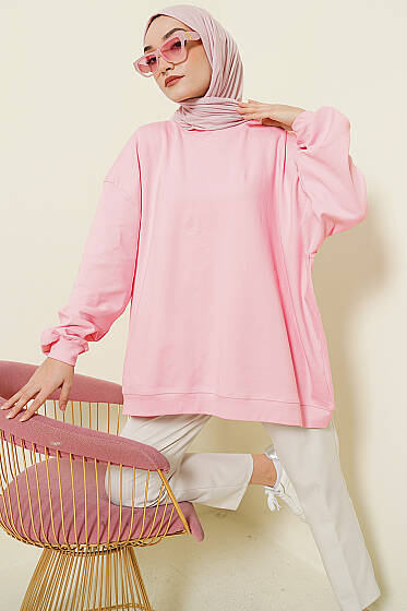 Oversize İnterlok Basic Tunik Pembe - Tunik