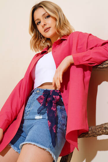 Oversize Kalıp Basic Gömlek Nar Çiçeği - Kadın Giyim Modelleri