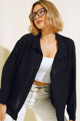 Oversize Keten Gömlek Siyah 