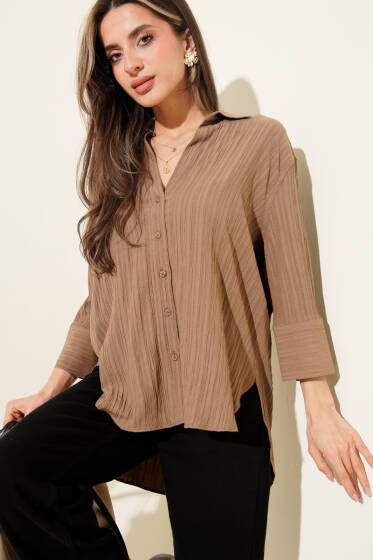 Oversize Krinkıl Gömlek Kahve - Kadın Giyim Modelleri