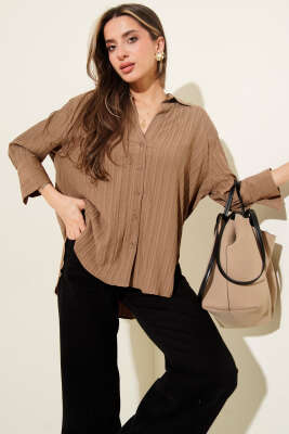 Oversize Krinkıl Gömlek Kahve - Kadın Giyim Modelleri