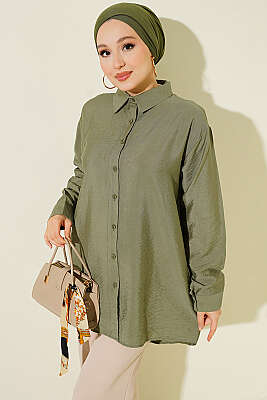 Oversize Manşet Düğmeli Gömlek Haki - NEVA MODA