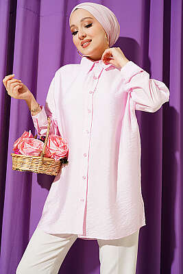 Oversize Manşet Düğmeli Gömlek Pembe - NEVA MODA