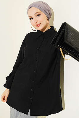 Oversize Manşet Düğmeli Gömlek Siyah - NEVA MODA