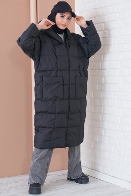 Oversize Model Siyah Uzun Şişme Mont - Thumbnail
