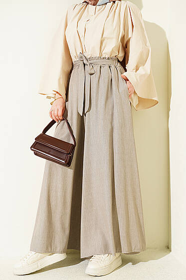 Oversize Paçalı Bağlamalı Pantolon Bej - Pantolon