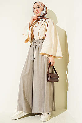 Oversize Paçalı Bağlamalı Pantolon Bej - Pantolon