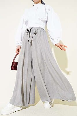 Oversize Paçalı Bağlamalı Pantolon Gri - SAS