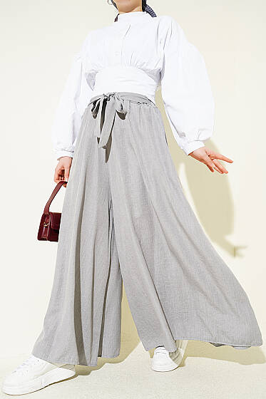 Oversize Paçalı Bağlamalı Pantolon Gri - Pantolon