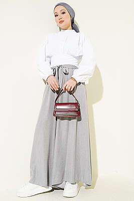 Oversize Paçalı Bağlamalı Pantolon Gri - Pantolon