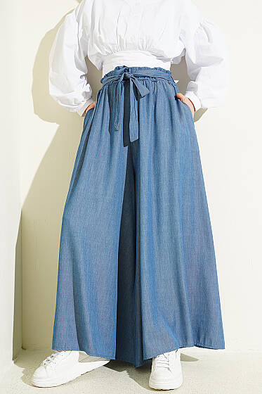 Oversize Paçalı Bağlamalı Pantolon İndigo - 700-100 TL Ürünler