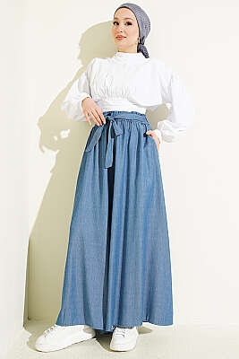 Oversize Paçalı Bağlamalı Pantolon İndigo - Pantolon