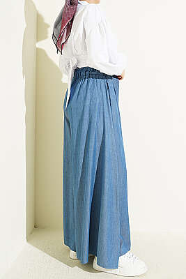 Oversize Paçalı Bağlamalı Pantolon İndigo - Pantolon