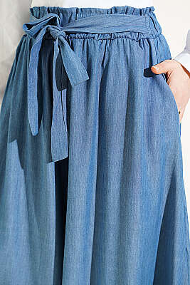 Oversize Paçalı Bağlamalı Pantolon İndigo - Pantolon