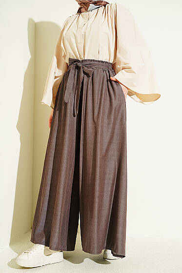 Oversize Paçalı Bağlamalı Pantolon Kahve - Pantolon