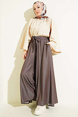 Oversize Paçalı Bağlamalı Pantolon Kahve - Pantolon