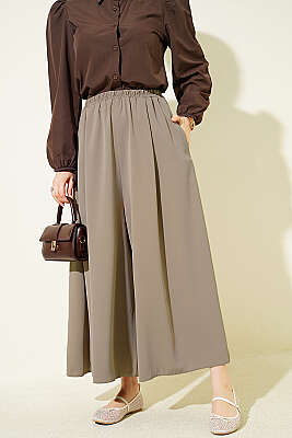 Oversize Paçalı Bel Lastikli Pantolon Bej 