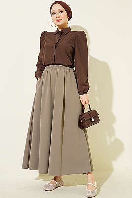 Oversize Paçalı Bel Lastikli Pantolon Bej - Pantolon