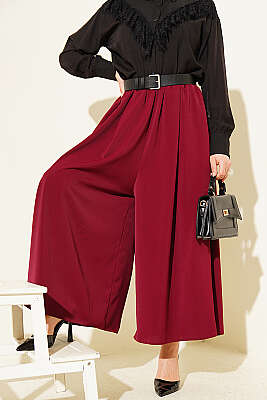 Oversize Paçalı Bel Lastikli Pantolon Bordo - MD TREND