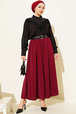 Oversize Paçalı Bel Lastikli Pantolon Bordo - Pantolon