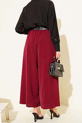 Oversize Paçalı Bel Lastikli Pantolon Bordo - Pantolon