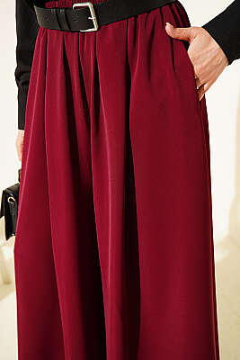 Oversize Paçalı Bel Lastikli Pantolon Bordo - Pantolon